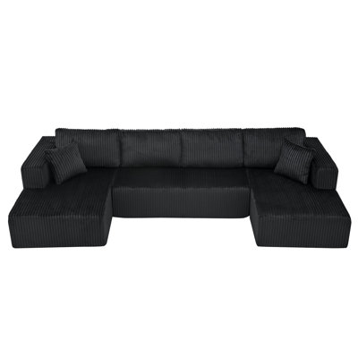 132" U Shaped Modular Sectional Sofa, Comfy Compressed Cloud Couch With Side Pockets, Modern Minimalist Corduroy Memory Foam Sleeper Sofa For Living Room, No Assembly Required,black