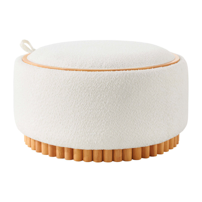 Repose-pieds 29 po avec rangement rond en tissu Boucle, structure en bois et pieds en bois massif, conception à plateau réversible, tabouret de salon sans outil
