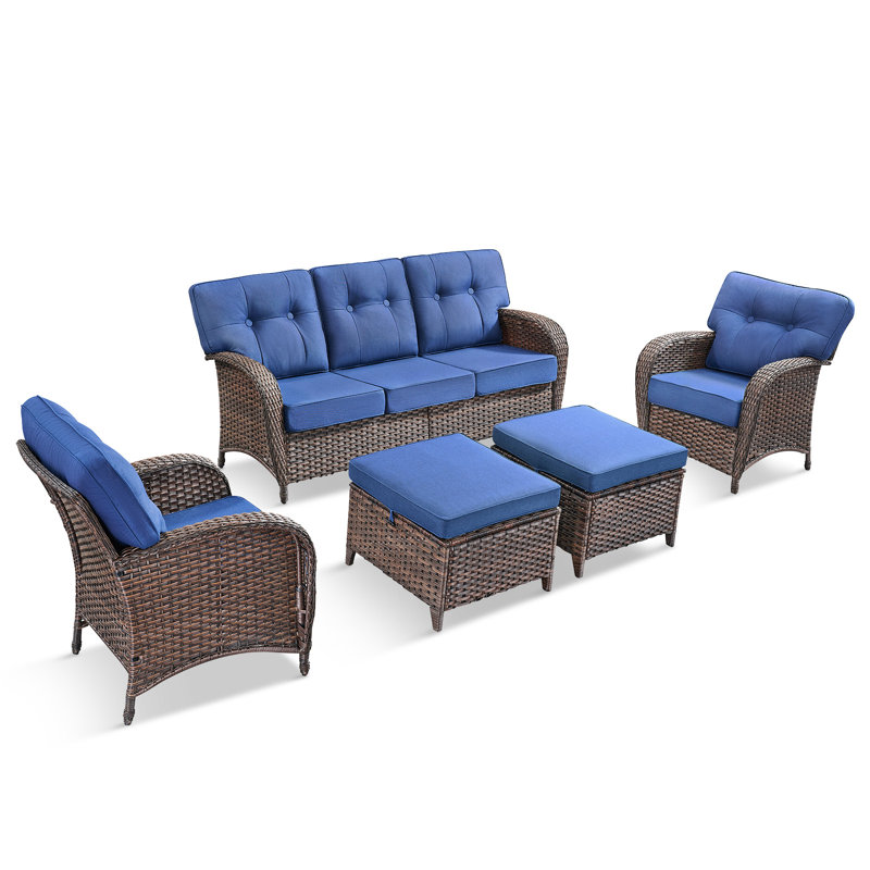 Ensemble de conversation d'extérieur en osier pour 7 personnes avec coussins et 2 chaises longues Teebeck, Bleu