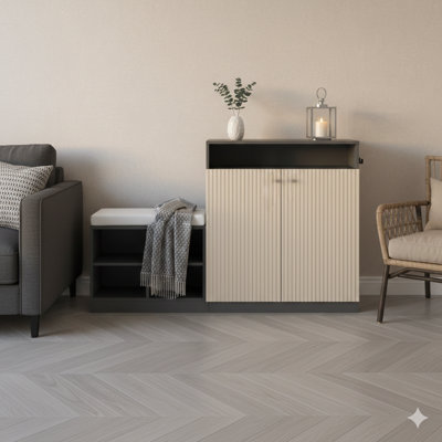 Living Room Storage Combination With Integrated Shoe Bench, Features Two Doors And Three Adjustable Interior Shelves, Entryway Seat With Four Open Shoe Racks And Removable Cushion, Console Table With Wavy Slat Doors And Hooks