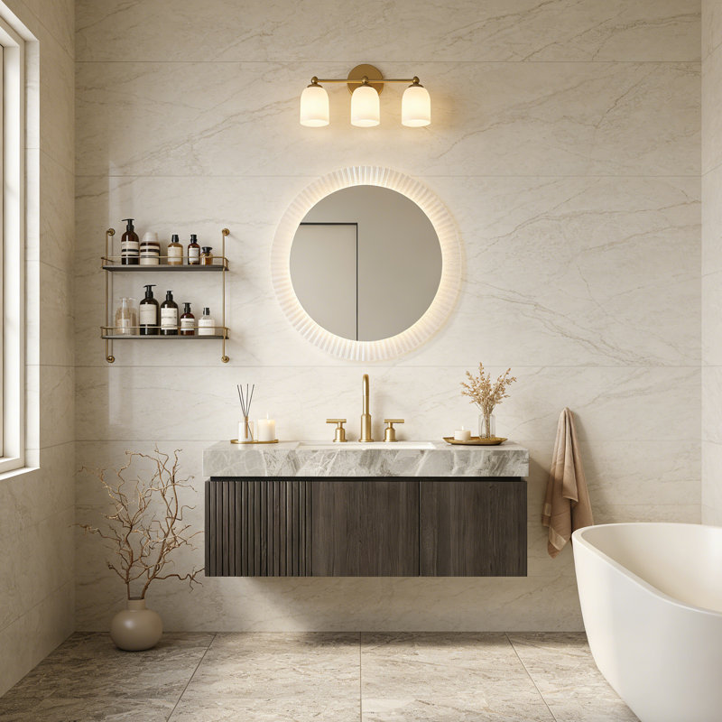 Meuble-lavabo de salle de bain, armoire de rangement en contreplaqué flottant avec tiroir et porte, plateau en pierre frittée gris clair et lavabo en céramique