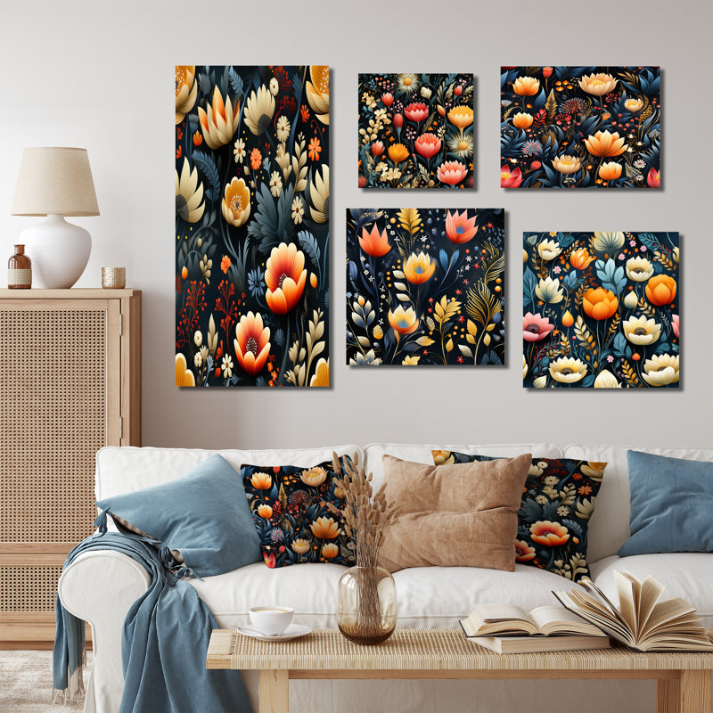 «Whimsical Bohemian Bliss Floral» - Ensemble de 5 décorations murales florales, Toile tendue