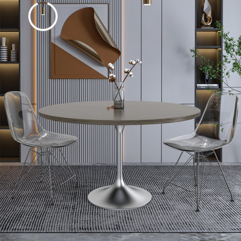 Heatherton 48" Round Dining Table with MDF Top Kitchen Table and Silver Stainless Steel Pedestal Base Seats 2-6 Person