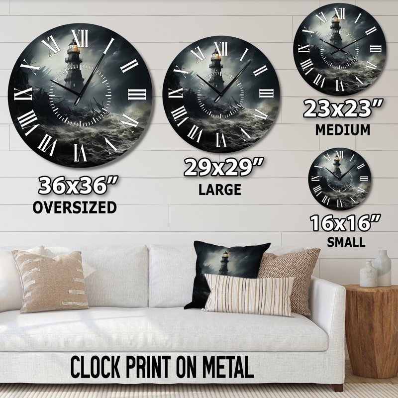Horloge murale phare face aux vagues orageuses - usines, Surdimensionné