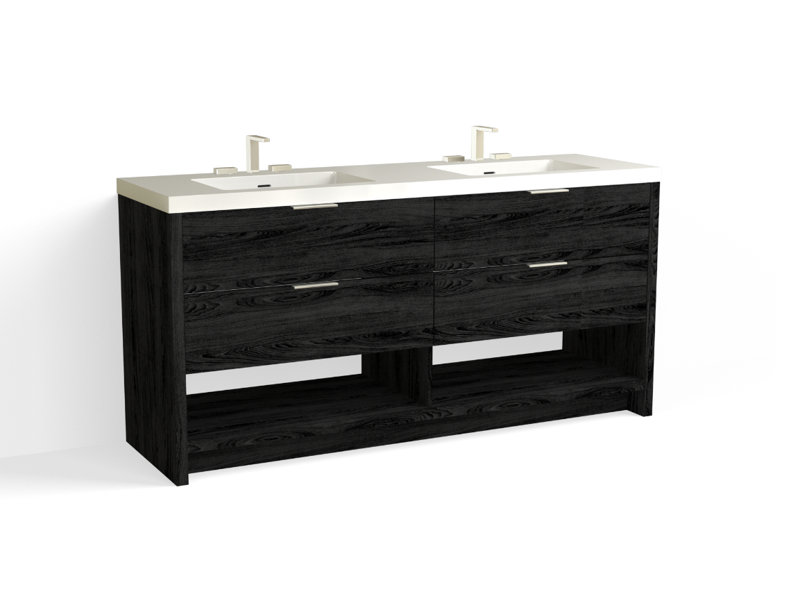 Vue 72" W Freestanding Double Bathroom Vanity, Biondo, Polished Nickel, Matte White/8" Widespread