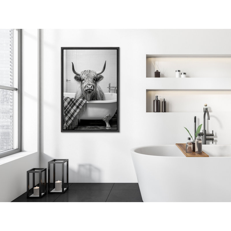 Shetland "Shetland Highland Cow in Bathaign With Bathel Drôle Bathroom Sign Decor Animal Photographie Art" sur toile, Noir