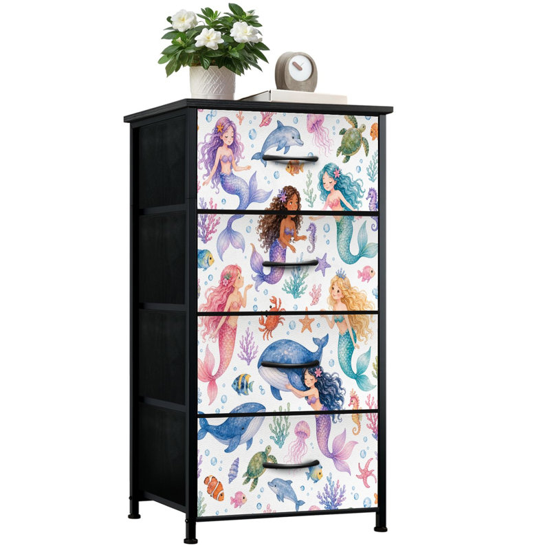 Commode 4 tiroirs à rangement vertical sirène colorée sous l'eau avec tiroirs en bois