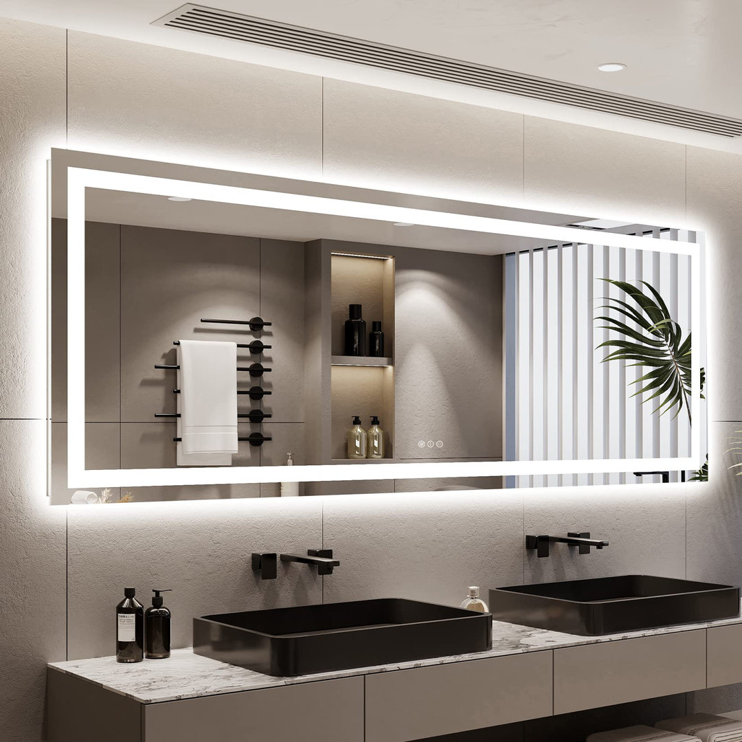 Akilan Frameless LED Vanity Mirror with Front-lit and Back-lit, Memory Function, 3 Color Temperatures & Dimmable Light, Anti-fog Tempered Glass ETL Mirror Ivy Bronx 