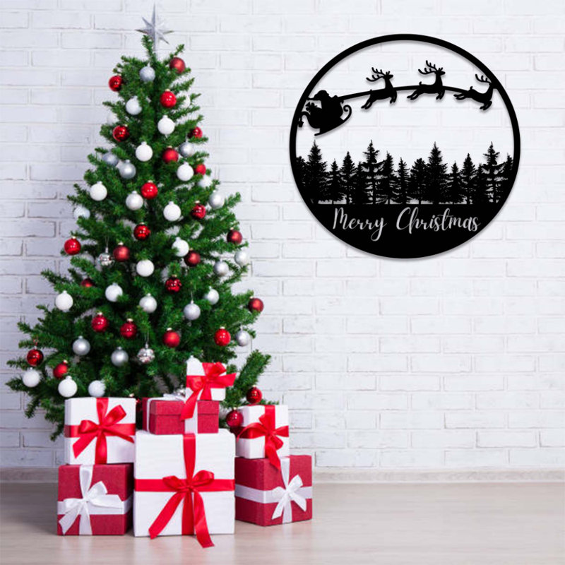 Art mural en métal Merry Christmas Sleigh, Noir, H 32 po x l 32 po x P 0,12 po