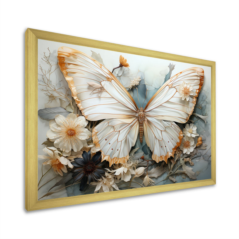 «Bisson White Gray Butterfly», reproduction sur toile encadrée, H 16 po x l 32 po, Cadre photo unique, Doré