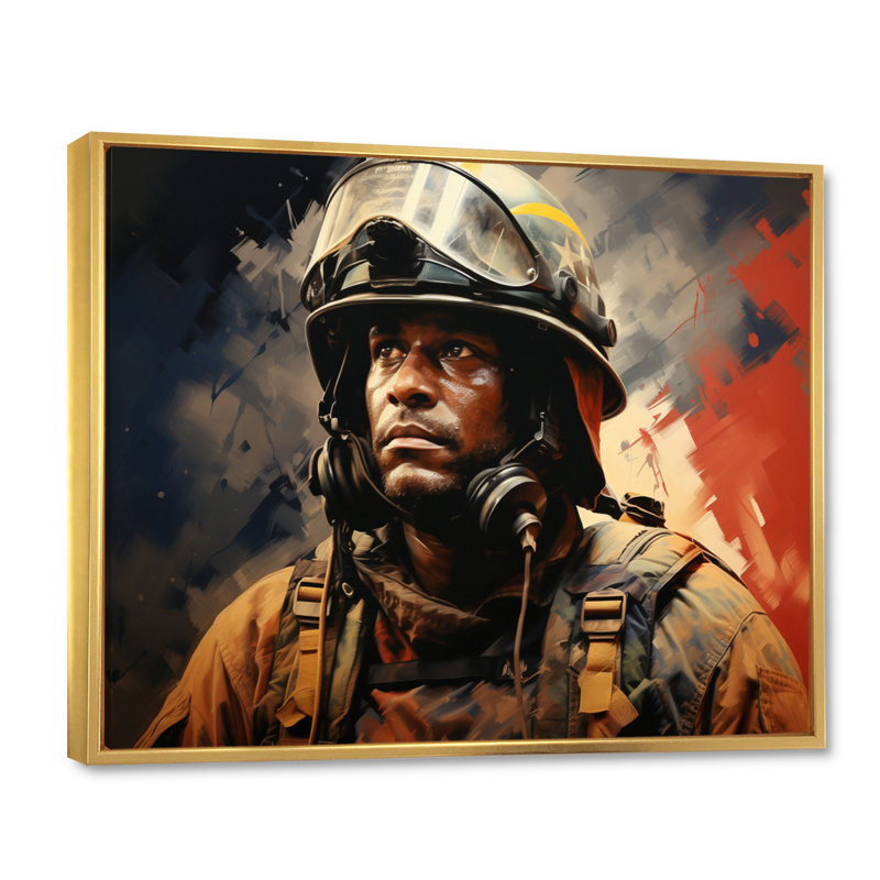Portrait de pompier III - reproduction sur toile, Cadre flottant doré, H 30 po x l 40 po x P 1,5 po