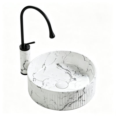 Topcraft 14.57 Inch Black Marble Pattern Round Vessel Bathroom Ceramic Sink With Faucet