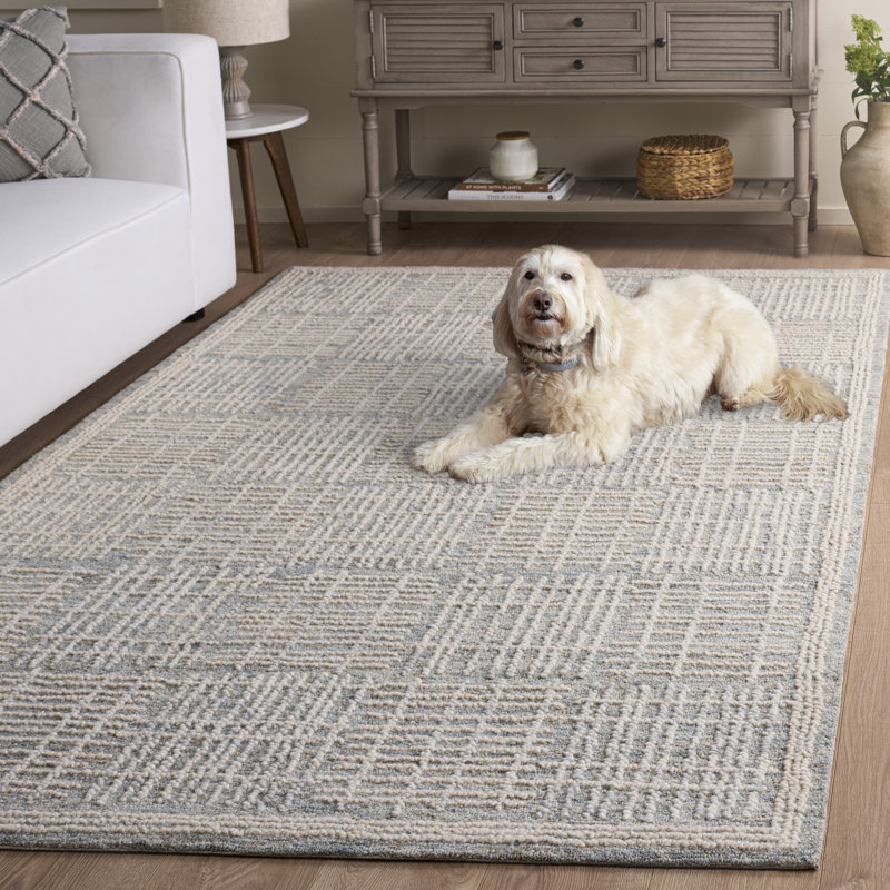 Tapis géométrique en coton touffeté à la main à motif abstrait gris foncé / ivoire Wenee, Rectangle 5 pi x 8 pi