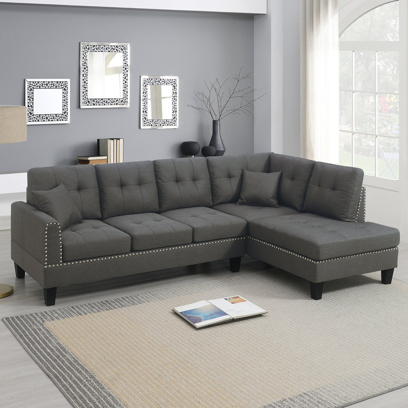 2 Piece Sectional Sofa Set With 2 Accent Pillow, Dark Coffee Fabric