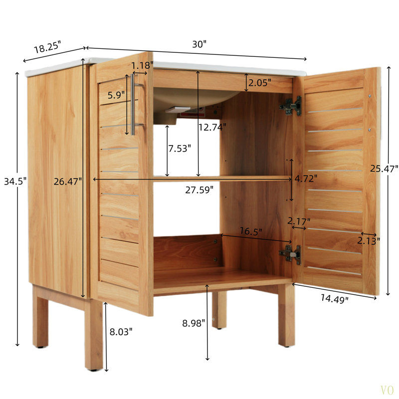 Meuble-lavabo antique de 30 po avec lavabo en céramique, meuble-lavabo moderne Mid-Century avec 2 portes à fermeture en douceur et grand espace de rangement, ensemble de meuble-lavabo simple autoportant rétro