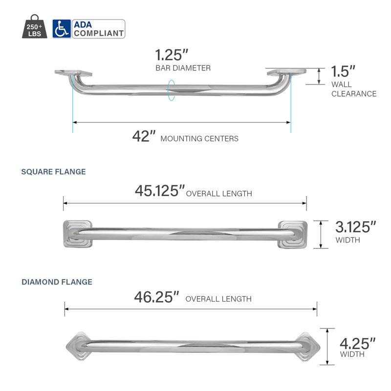 42-Inch Monarch Designer Grab Bar with Square Flanges, Polished Stainless Steel