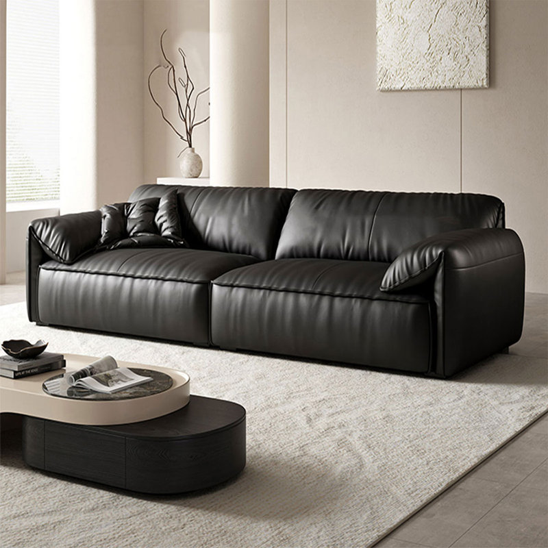 Causeuse-coussin modulable noire en cuir véritable, Noir
