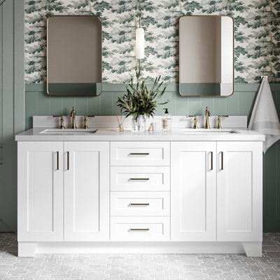 Meuble-lavabo double en bois massif Freitas 73 po avec comptoir blanc pur 1,5 po, lavabo central rectangulaire