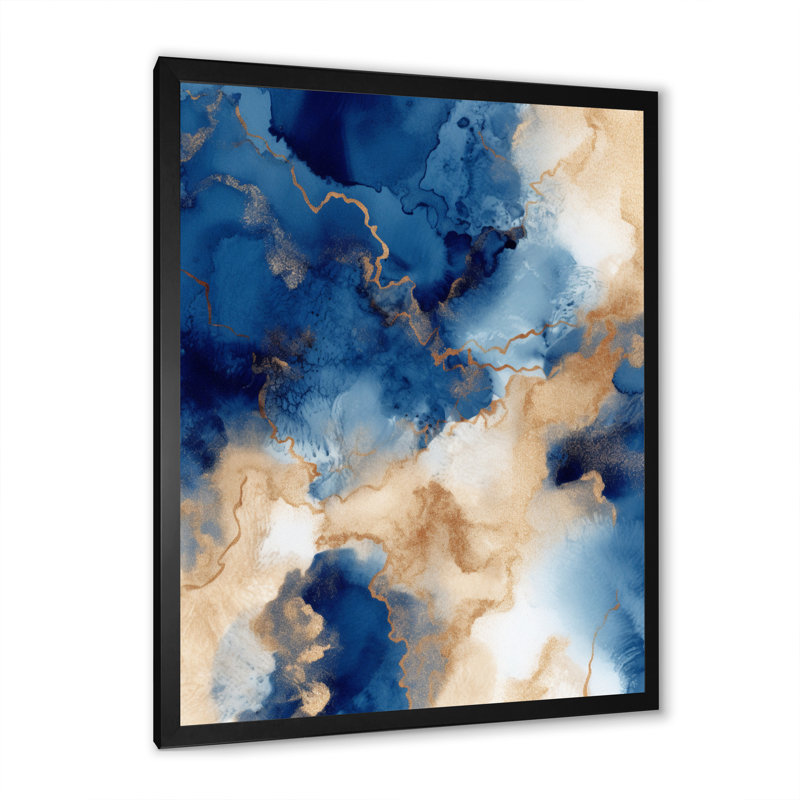Bleu et nuages de marbre dorés, Cadre simple noir, H 20 po x l 12 po x P 1 po