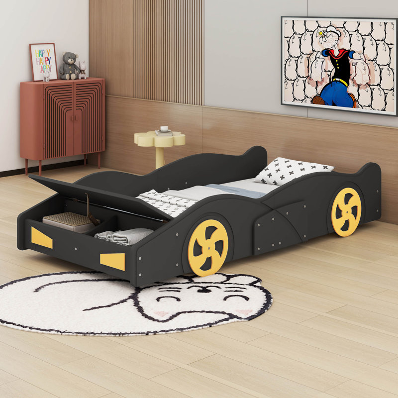 Lorden Twin Size Race Car-Shaped Platform Bed, Black/Yellow, Twin