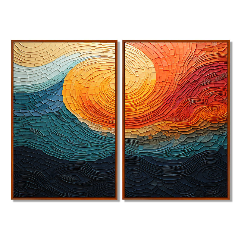 «Teal Orange Op Art Rhythmic Illusion III», impressions sur toile bleu sarcelle, 36" H x 48" W, Impression encadrée flottante