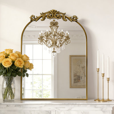 Arch Vintage Mirror with Ornate Baroque Metal Frame, Antique Mirror for Fireplace, Bedroom, Living Room, or Entryway Decor
