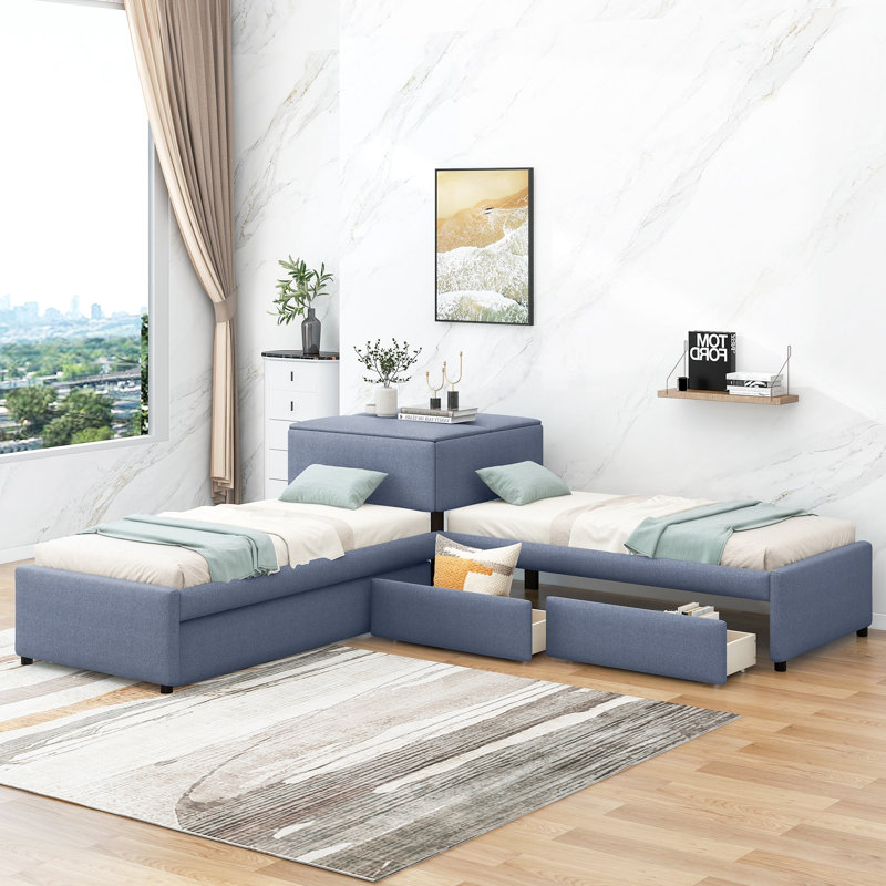 Lit plateforme tapissier en L avec lit gigogne et deux tiroirs reliés par un bureau intégré, simple, gris