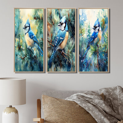 Geai bleu parmi les pins I - Collection de reproductions de toiles d'oiseaux
