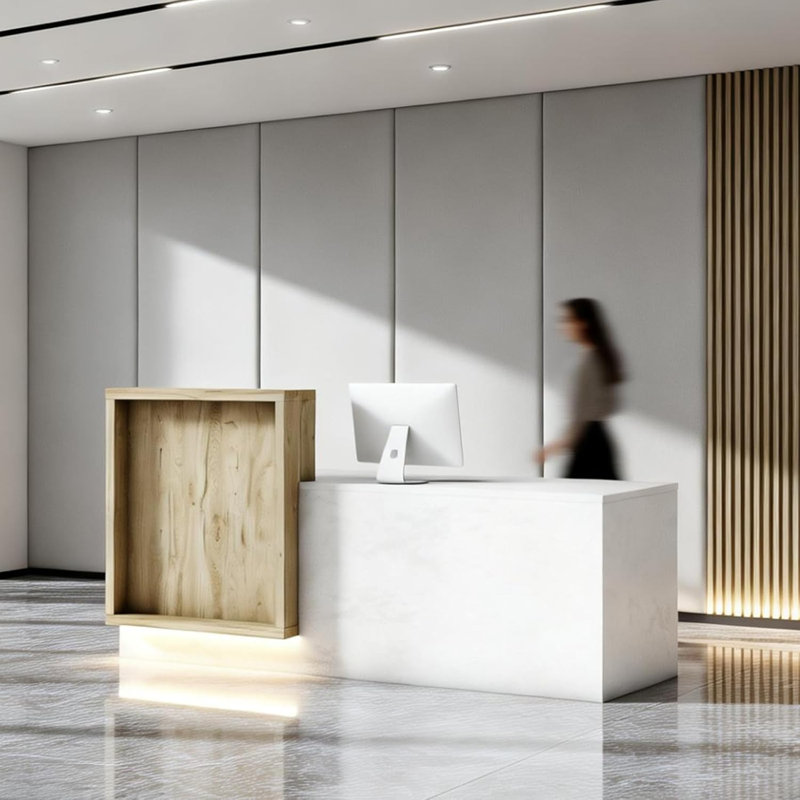 Bureau de réception moderne en grain de bois, réception commerciale minimaliste pour le bureau et l'hôtel, Côté droit