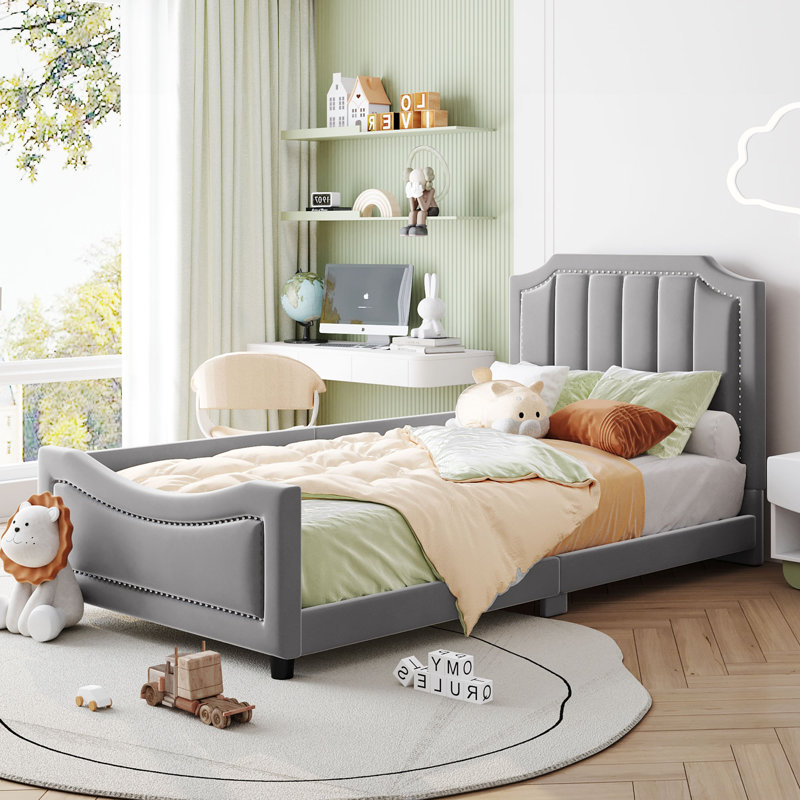 Lit de jour simple tapissier avec tête de lit à rayures classique, gris, Gris