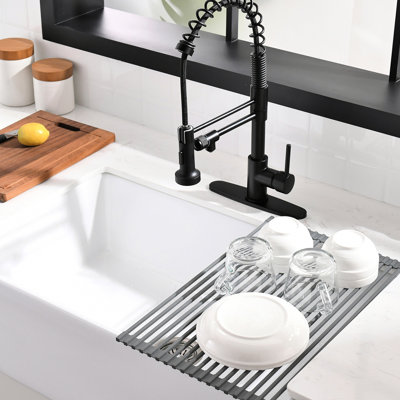 Robinet d'évier de cuisine à filtre rétractable noir mat avec grille de séchage pour vaisselle, robinet à 3 voies, tête de pulvérisation à double fonction à poignée unique, tête contemporaine en laiton massif 44