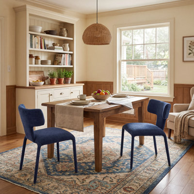 Modern Scandinavian Fabric Upholstered Dining Chairs Curved Backrest Metal Frame Kitchen and Dining Room Chairs, Blue Side Chairs