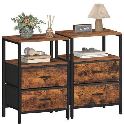 Bedside Table Set of 2, Side End Table with 2 Fabric Storage Drawers, Bedside Cabinet with Open Storage Shelf, Nightstand for Bedroom, Livingroom 