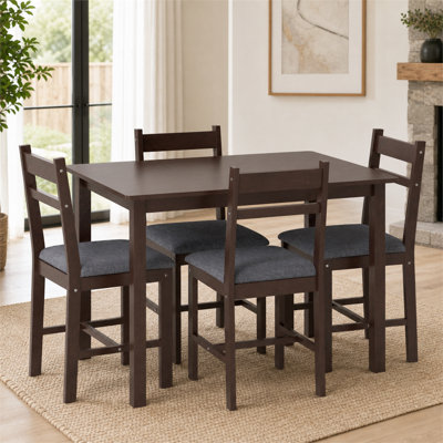 Farmhouse solid walnut 5 piece dining set for dining room seats four with matching padded chairs