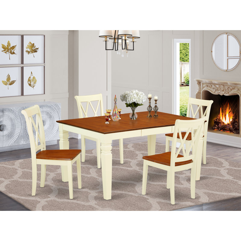 Ensemble de table de salle à manger 5 pièces moderne comprenant une table rectangulaire en bois avec feuille papillon et 4 chaises de cuisine, babeurre et cerise