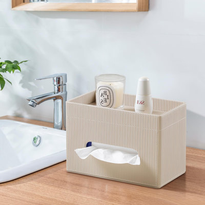 Tissue Box Cover Rectangle With Storage Tray, PU Leather Tissue Holder For Bathroom Vanity Countertop Night Stands Bedroom Office Desk, Stylish Rectangular Tissue Box Holder (Beige)