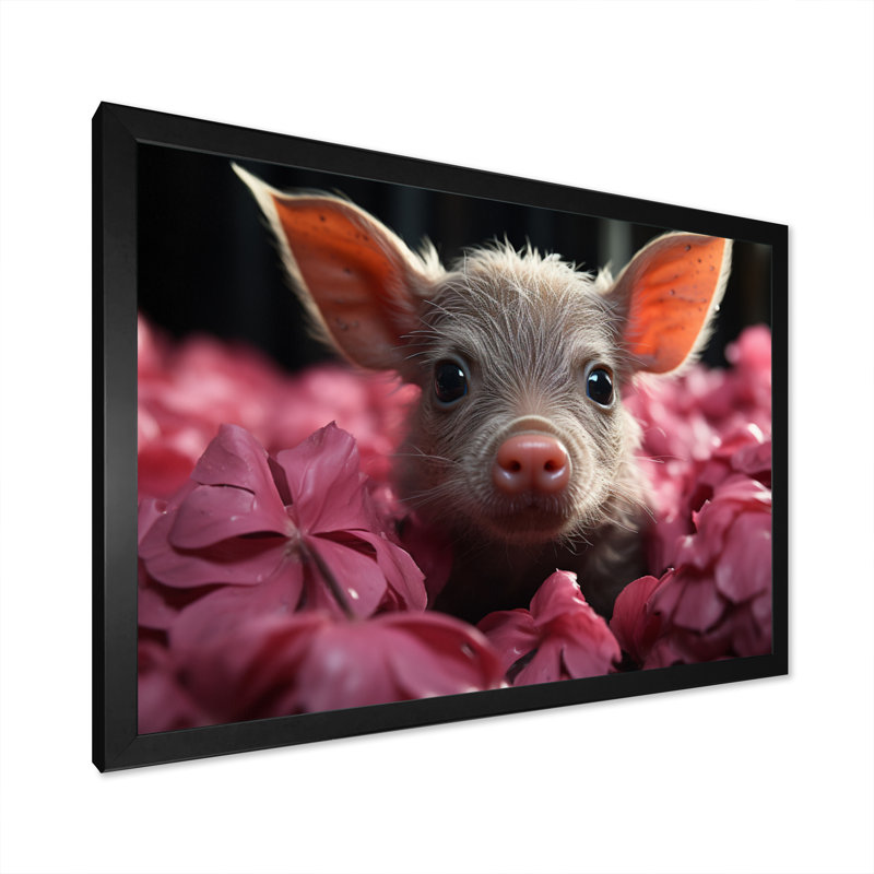 Pink Curious Pig I - Animals Canvas Wall Art, Cadre photo noir, H 16 po x l 32 po x P 1 po