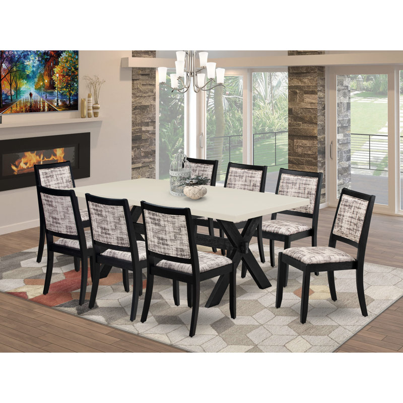 9-piece modern kitchen set consists of a wooden table with tabletop and 8 stackable chairs with White and Gray Pattern Polyester Fabric - Wire-brushed Black