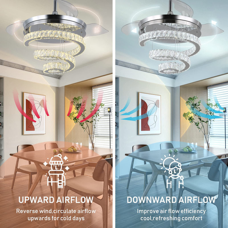 42" Crystal Chandelier Ceiling Fans With Lights And Remote Dimmable Fandelier Retractable Crystal Ceiling Fans 3 Rings Invisible Blades Crystal Ceiling Fans For Bedroom Living Room 30W*2