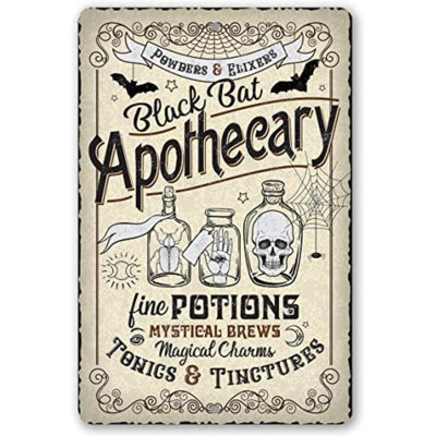 Apothicaire de chauve-souris noire - décoration d'Halloween amusante et signe de sorcière, décoration de porche de maison hantée, sorcellerie et affichage gothique, idée de cadeau de chambre de sorcière, affiche en métal durable 12 x 18 à utiliser à l'intérieur ou à l'extérieur