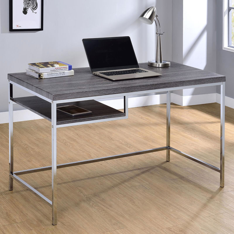 Bureau d'écriture rectangulaire gris et chrome patiné
