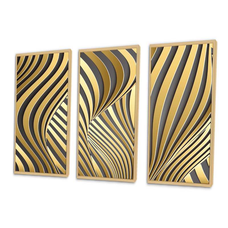 «Wavy Luxury Gold Gradients I», ensemble de 3 reproductions d'art encadrées sur toile, H 28 po x l 36 po, Érable