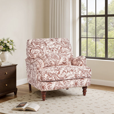 Upholstered Rococo Orange Nailhead Trim Accent Chair with Throw Pillow and Solid Wood Legs
