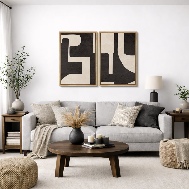 «Mid Century Shape», art moderne géométrique noir et crème, photos murales abstraites neutres et élégantes, impression sur toile encadrée 2 pièces, 16 x 24 x 2, 24 x 36 x 2