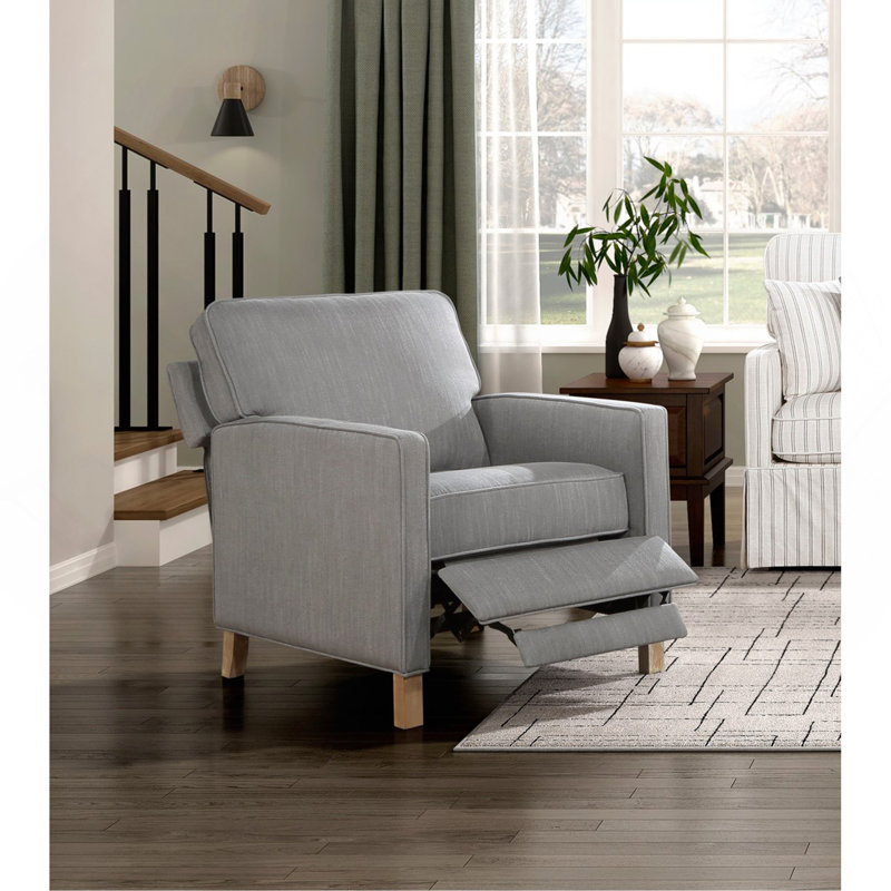Classic Traditional Push Back Reclining Chair With Gray Fabric Upholstery And Cushion Seat, Solid Wood Furniture