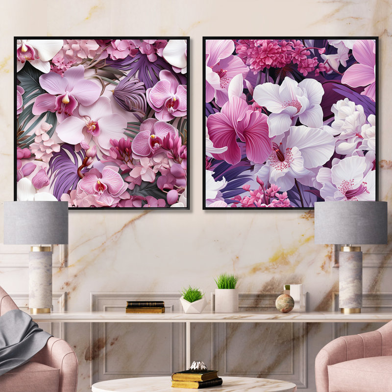Craton - Ensemble de 2 collages carrés floraux, Cadre flottant noir, H 16 po x l 33 po