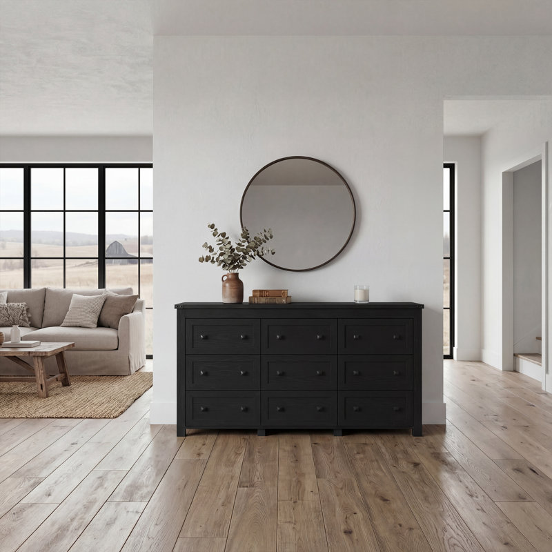 Commode 9 tiroirs pour chambre à coucher, commode large moderne, rangement en bois, Noir / robuste