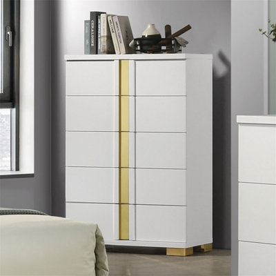 Commode 1 pièce de style contemporain avec pattes de support en métal de conception moderne, étui anti-poussière doré, glissières à roulement à billes, finition blanche et dorée