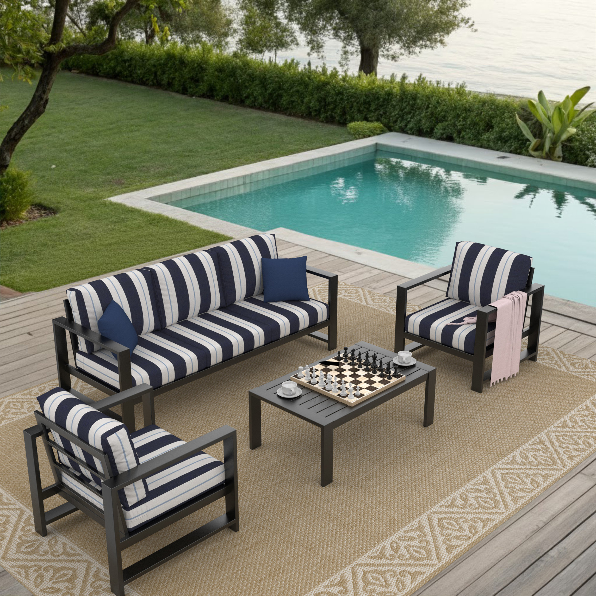 Dulcie 2 Person Seating Set with Sunbrella Cushions, Blue/White