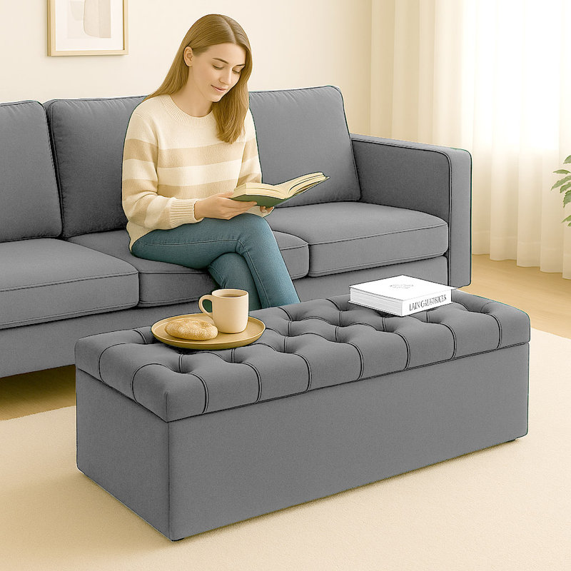 Chesterfield Ottoman Storage Box - Plush Velvet Blanket box - Shoe Bench - End of Bed Bench, Grey, 40cm H x 137cm W x 40cm D